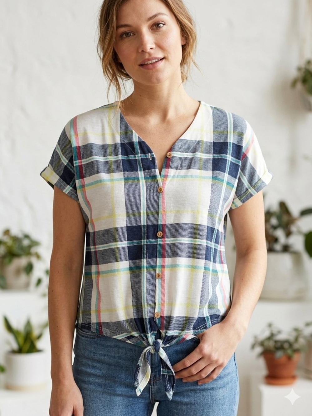 New York Laundry Plaid Tie-Front V-Neck Top Size Small